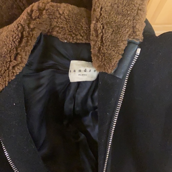 Sandro Wool Jacket w/ Shearling Hood - Picture 3 of 5